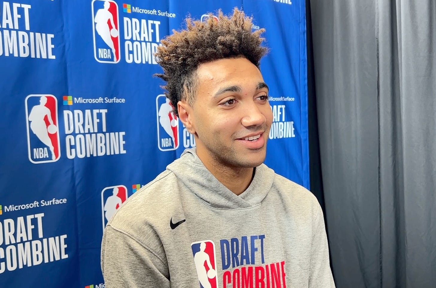 Trayce Jackson-Davis talks with reporters at the draft combine.