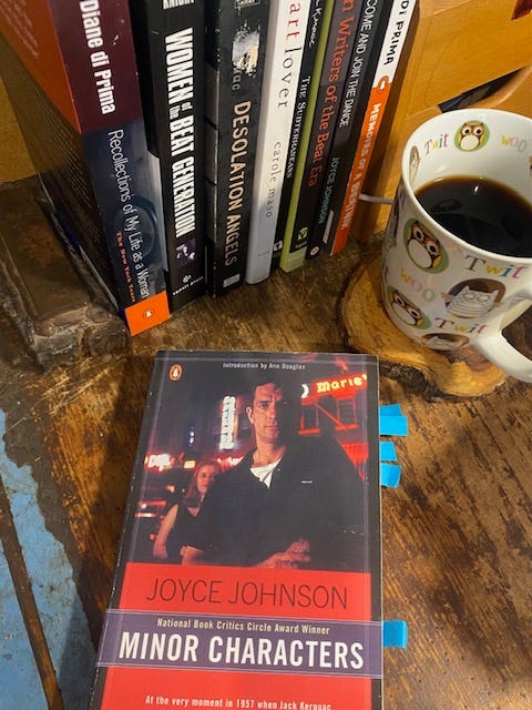 Paperback of Joyce Johnson's Minor Characters sits on a wooden desktop