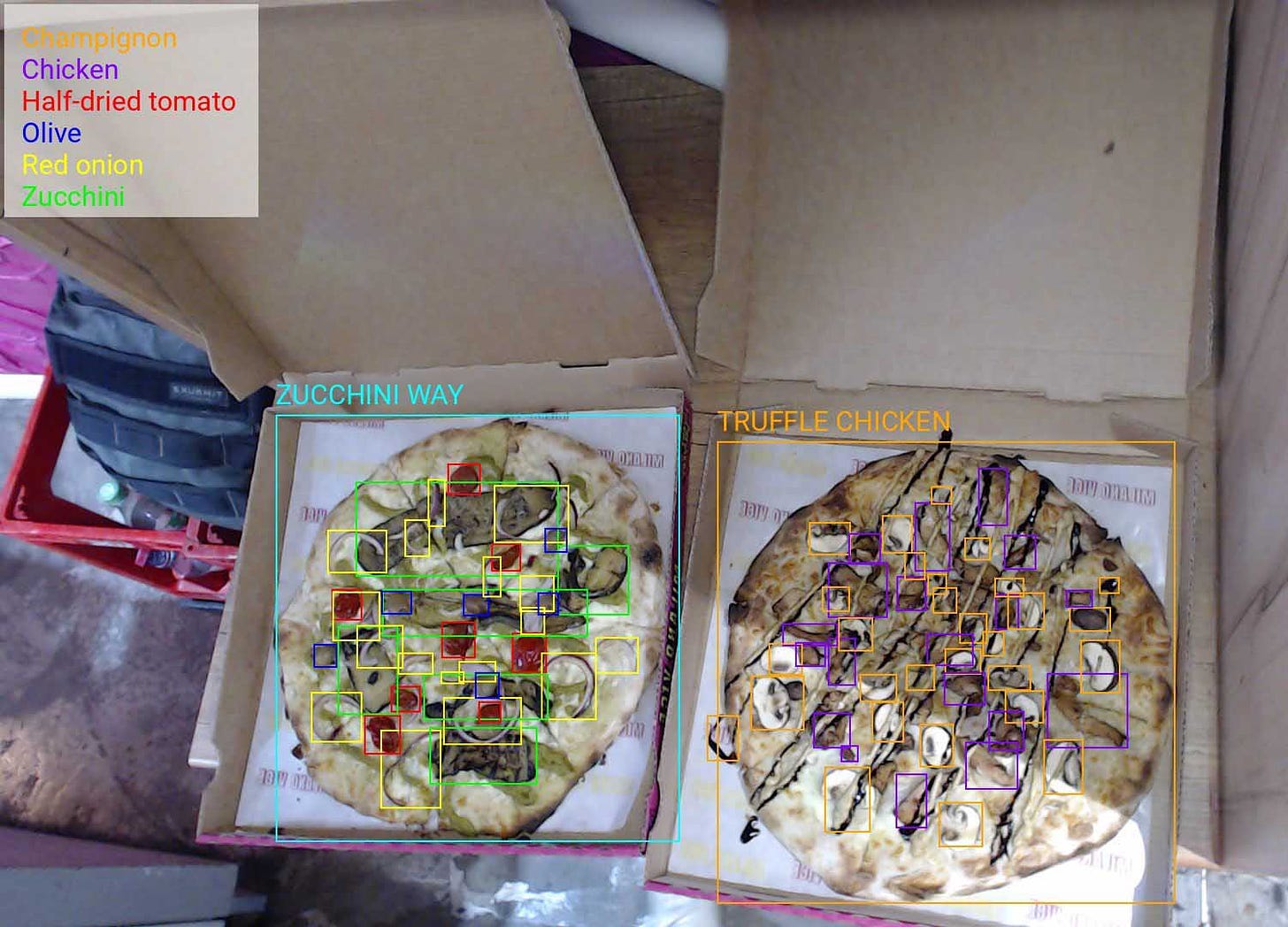 A picture of two pizzas with machine learning bounding boxes around the pizzas and ingredients
