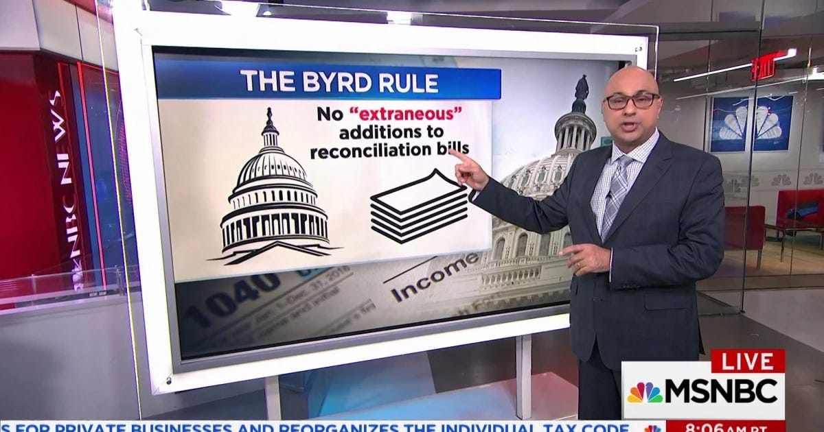 MSNBC anchor points at screen, which states “The Byrd Rule: No “extraneous” additions to reconciliation bills.” MSNBC anchor points at screen, which states “The Byrd Rule: No “extraneous” additions to reconciliation bills.”