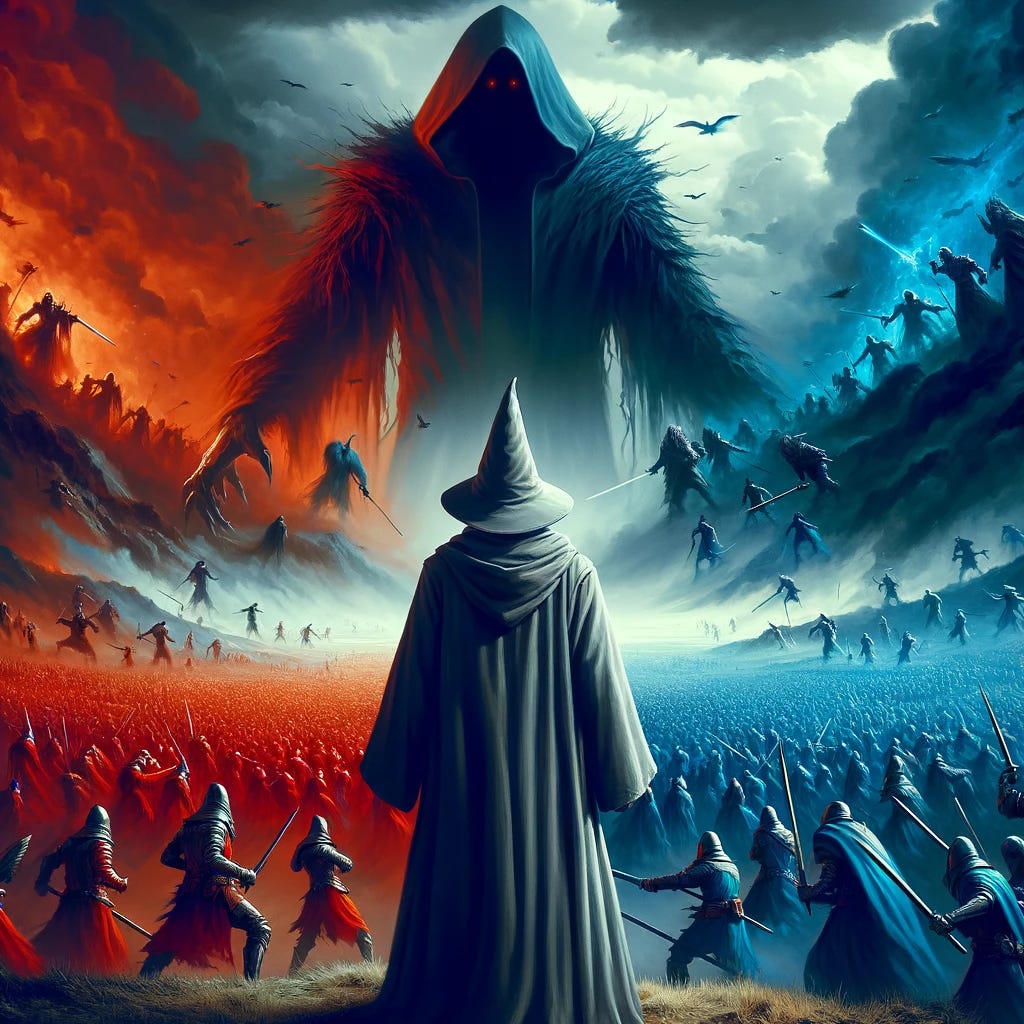 A Gray Wizard in the foreground, his back facing the viewer, as he turns away from a fierce combat between two factions: Red and Blue. The battlefield is alive with the clash of these two vividly colored armies, creating a dynamic and intense scene. Beyond the battle, in the deeper shadows, loom large, ominous shadowy figures, barely visible yet menacing. These figures are only acknowledged by the Gray Wizard, adding a sense of foreboding and mystery to the scene.