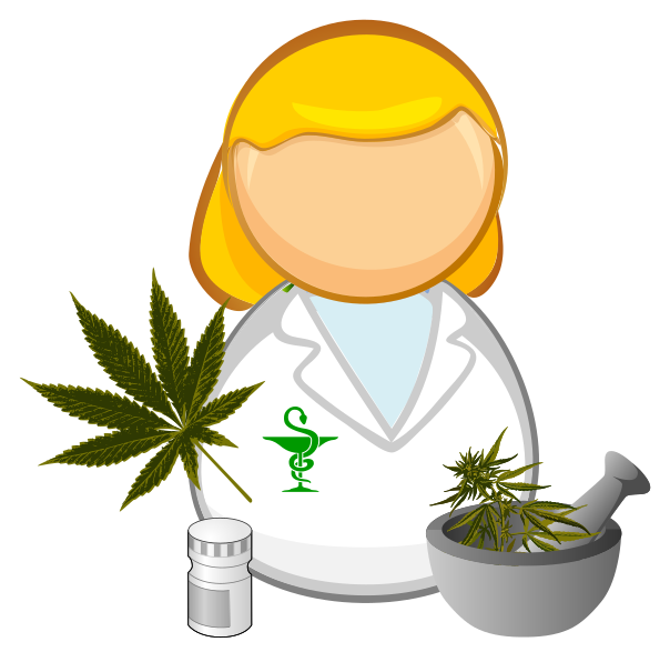Clipart-styled image of a faceless woman in a white lab coat, behind a pill bottle and mortar and pestle, both with cannabis leaves inside them