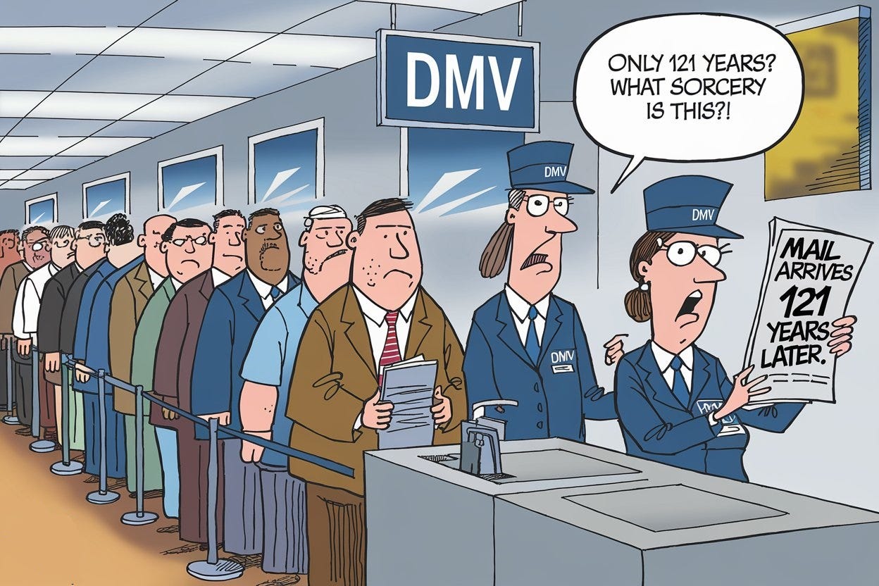 Cartoon illustration. Two employees in DMV uniforms are in a DMV office, with a long line of people queuing in front of them. One womanemployee is holding a newspaper that says "Mail arrives 121 years later." The employee, looking astonished, says "Only 121 years? What sorcery is this?!"