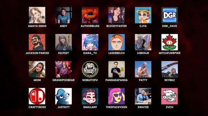 A grid view of all content creators participating in Kaizo Colosseum 2024: Amaya Sings, Andy, Authorblues, Bloodyfaster, Cjya, DGR_Dave, Jackson Parodi, Kelpsey, Kiara_TV, Laserbelch, Lobosjr, Mitchflowerpower, Moni, GrandPOOBear, NobleTofu, PangaeaPanga, Patty, Skybilz, Craftyboss, Justkitt, Smallant, Thespacevixen, Xwater, Zvch