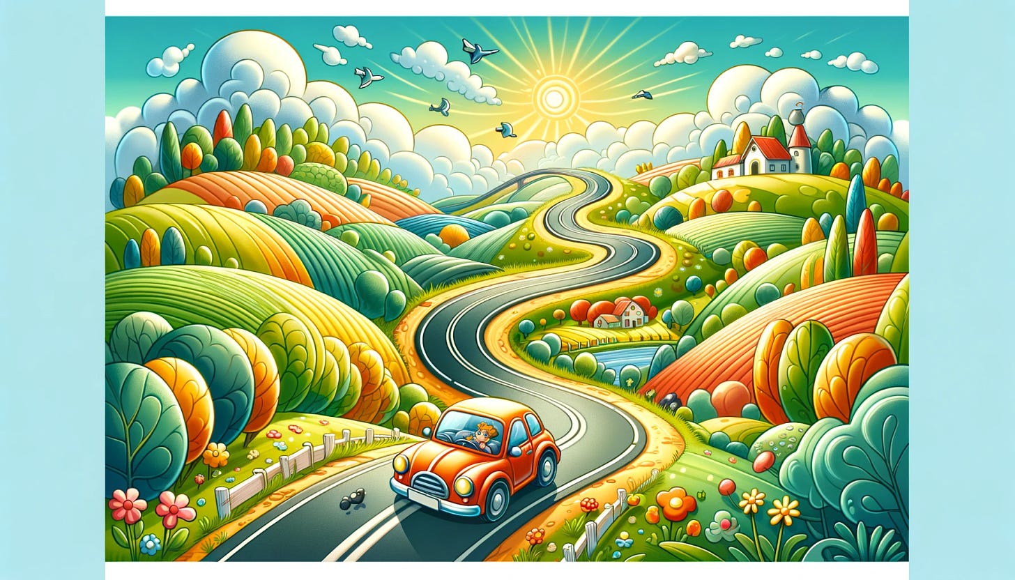 An image of a car driving through the countryside on a road with lots of twists and turns, depicted in a colorful, whimsical style typical of children