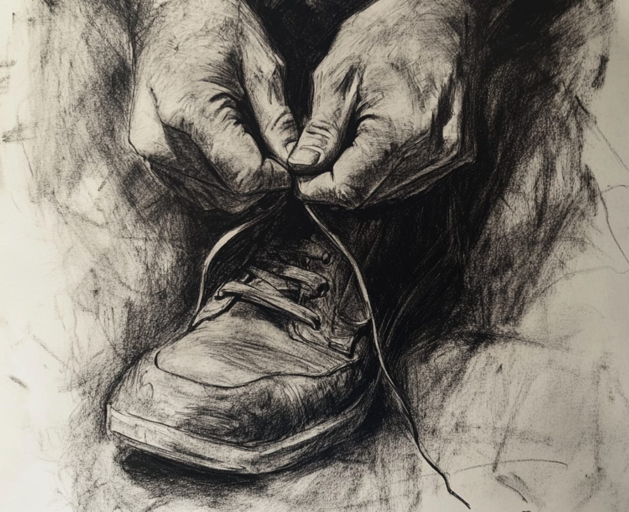 Charcoal sketch of hands tying a shoe.