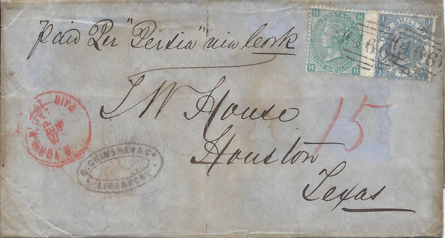 Triple weight letter from Liverpool to Texas