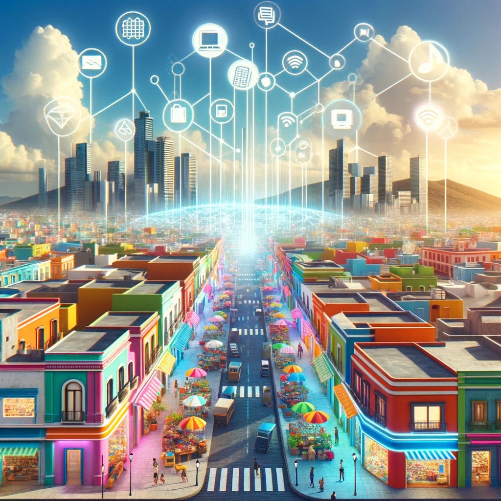 A digital artwork showcasing a vibrant and modern cityscape in Mexico, symbolizing economic growth and technological advancement. The city is bustling with diverse small businesses, depicted as colorful, thriving storefronts, each with a digital device like a tablet or a digital payment terminal, representing digitalization. In the sky, a large, symbolic digital network connects these businesses, illustrating the idea of connectivity and digital empowerment. The artwork should be bright, optimistic, and futuristic, conveying a sense of progress and inclusion in the digital economy.