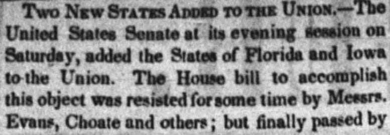 The announcement of Florida’s statehood in the Philadelphia Public Ledger on March 4, 1845.