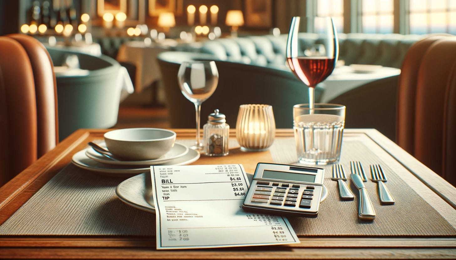 A widescreen header image for a blog post about tipping, without any words. The scene shows a dining table in a restaurant with a bill and a tip calculator on it, next to an empty plate and a half-full glass of wine. The background subtly suggests the ambiance of a cozy, upscale restaurant. The focus is on the bill and the tip calculator, symbolizing the theme of confusion around tipping.