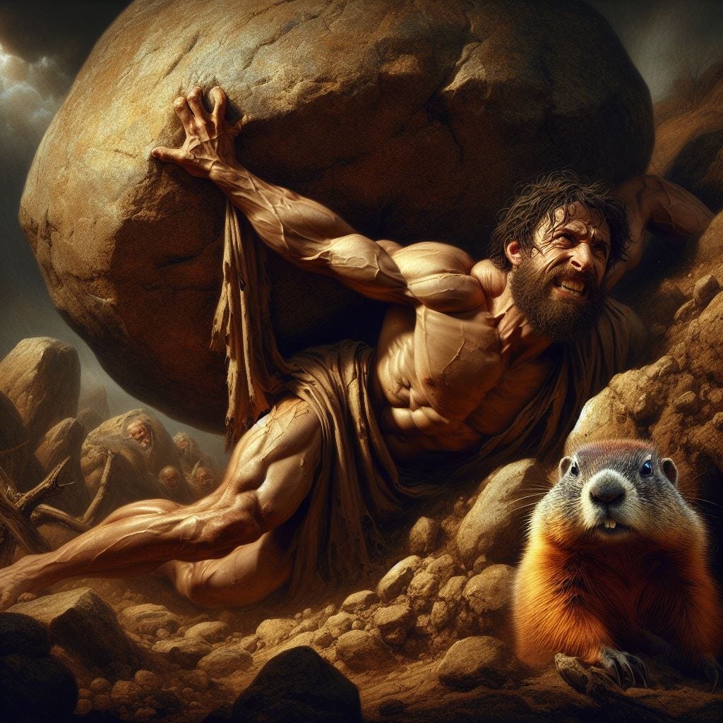 Muscular man in rags straining under a boulder with a groundhog in the foreground