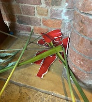 The shards and remnants of a red vase are lying against an interior wall and on a tile floor.