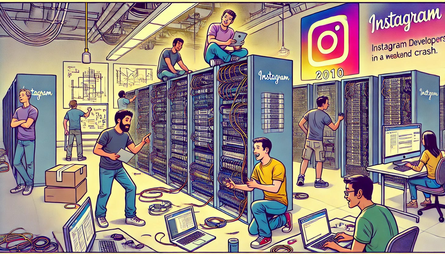 A comic-style drawing of Instagram developers in 2010 frantically adding more servers in a data center to prevent a weekend crash. The scene has an early tech startup vibe, with developers in casual startup attire, surrounded by large server racks, cables, and monitors. The background features whiteboards with architectural sketches and fluorescent lighting. The style is colorful and dynamic, resembling a tech startup comic strip, but without any text bubbles.