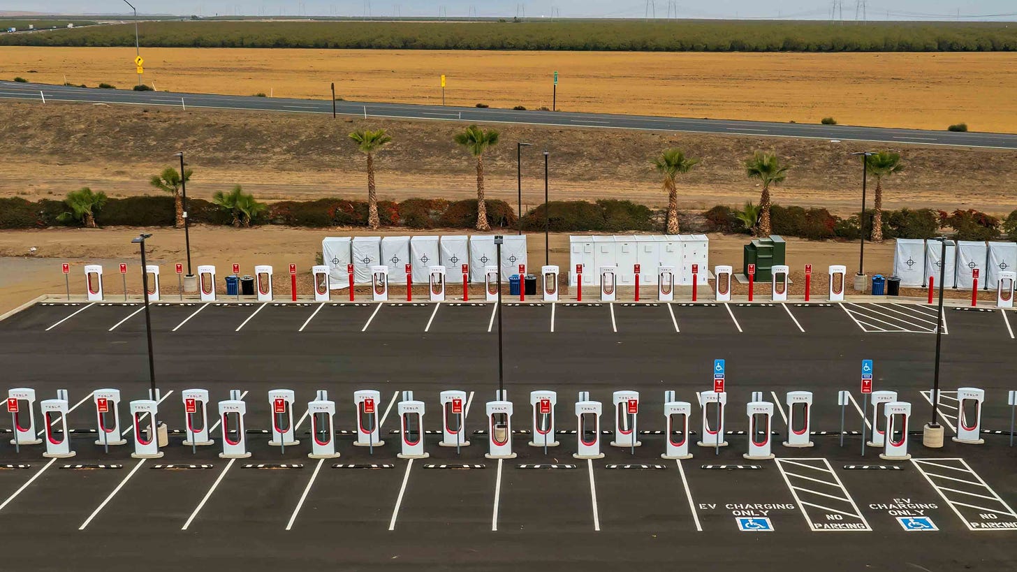 Aerial photo of supercharger Tesla station at the Harris Ranch in California.