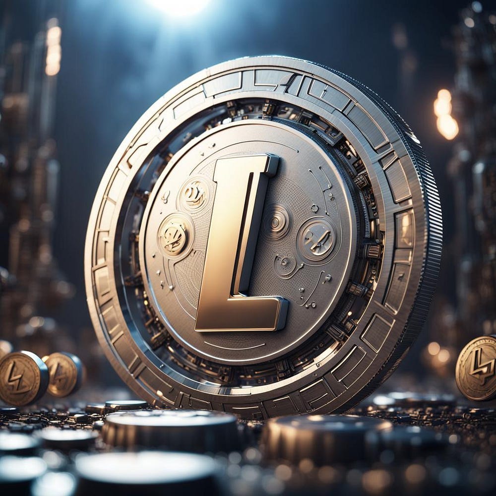 A big coin with a Litecoin crypto symbol is in the picture