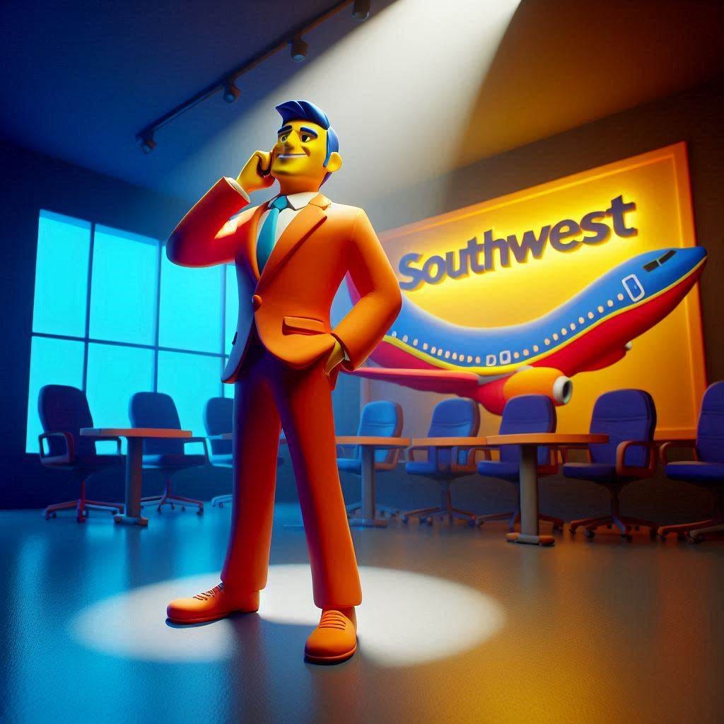 Leader at Southwest Airline  - In claymation - Using bright colours - Smooth Image - with 3d Effects with light projecting from the top in a dark room