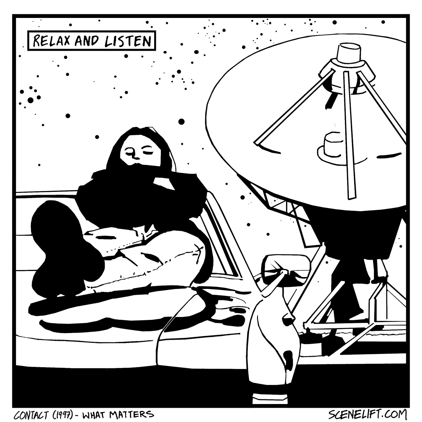 Fan art comic of Ellie resting on her car near the telescopes at the VLA in New Mexico in the movie Contact