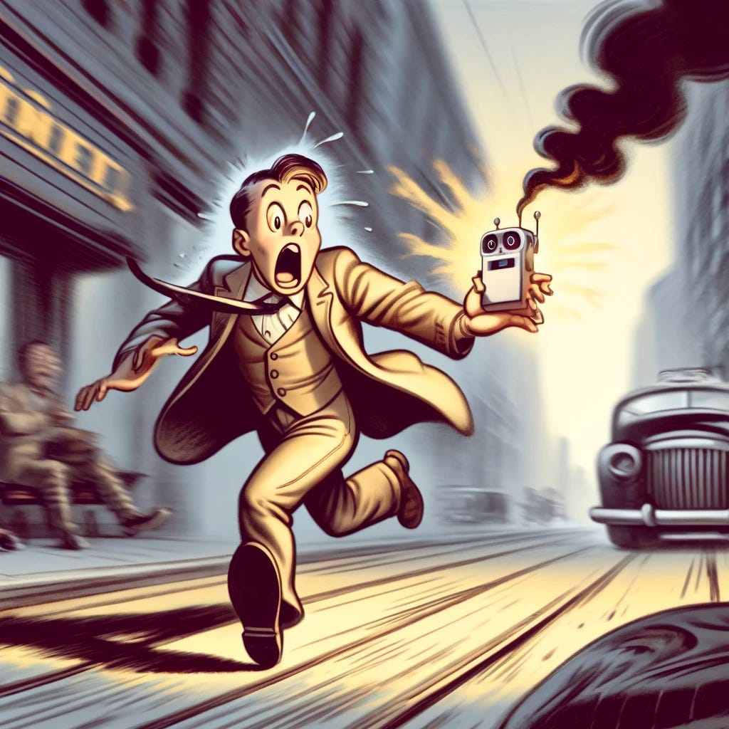 Prompt: Imagen de caricatura que muestra a una persona corriendo mientras sostiene un dispositivo de inteligencia artificial sobrecalentado, con un estilo que recuerda a la animación de principios del siglo XX.