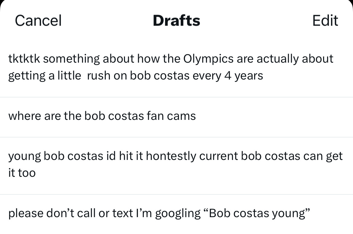 drafts of tweets about bob costas, none of which are particularly good