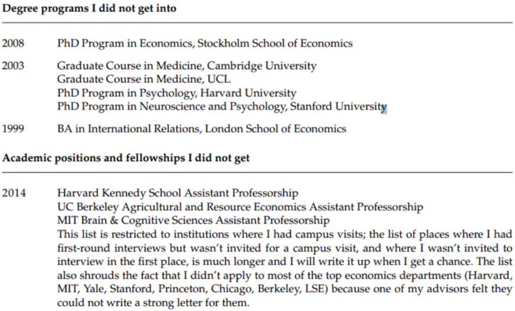 Part of Haushofer’s CV of Failures