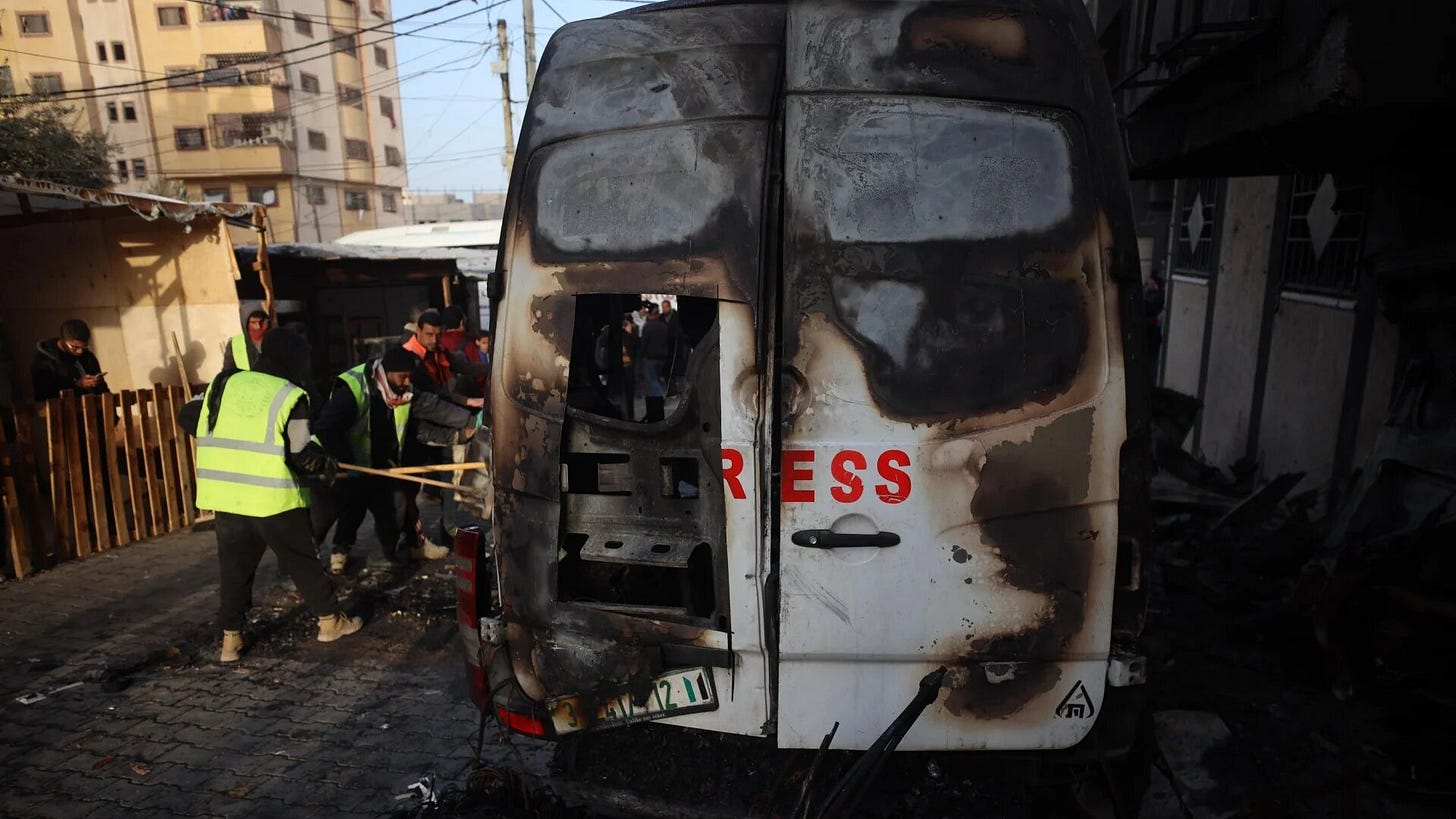 A press vehicle targeted by Israeli forces killed five journalists from Al-Quds Today in central Gaza on 26 December 2024 (Mohammed al-Hajjar/MEE)