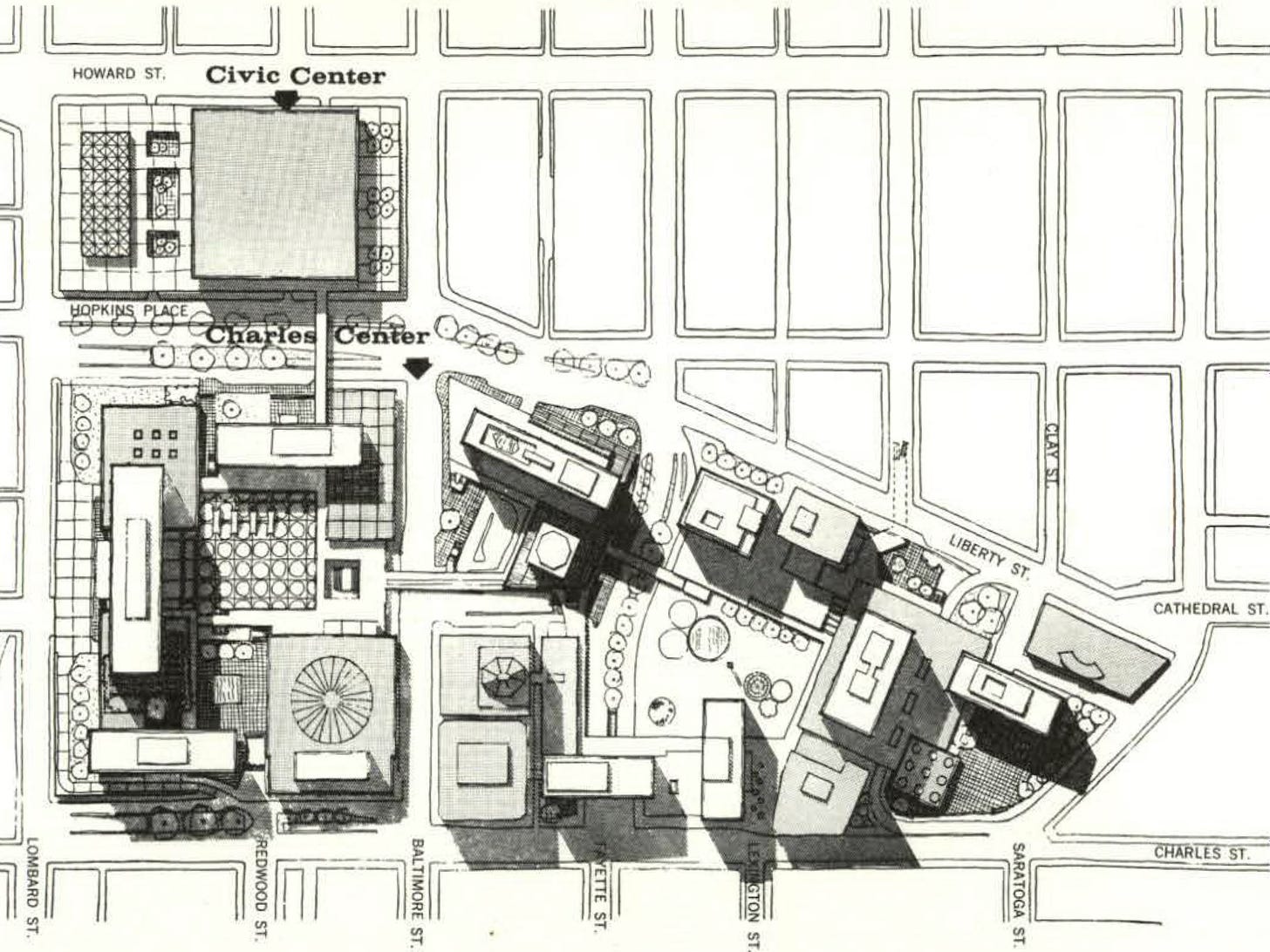 A scanned black and gray map depicting the Charles Center development in downtown Baltimore.