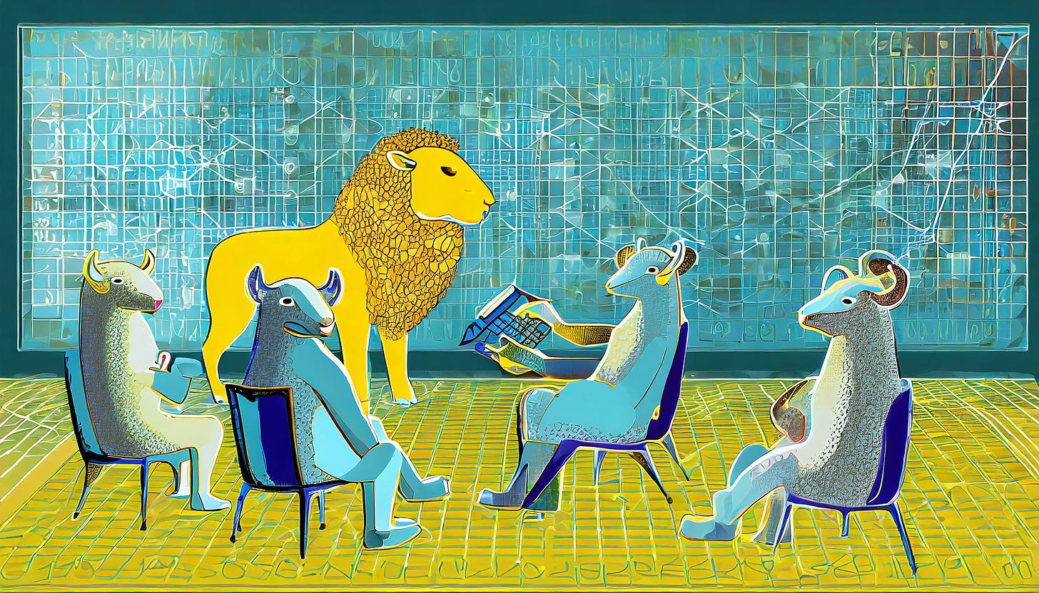 Abstract illustration of sheep and a lion using a spreadsheet in a meeting. Done in yellow and blue with geometric patterns on the floor and backdrop wall.