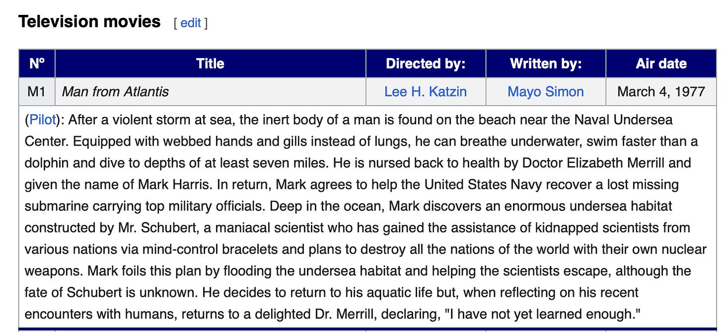 Wikipedia summary of pilot of Man from Atlantis