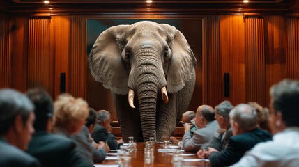 elephant stands in a wood-paneled room at the end of a table surrounded by businesspeople, depicting an unaddressed issue in a corporate setting, the elephant in the room