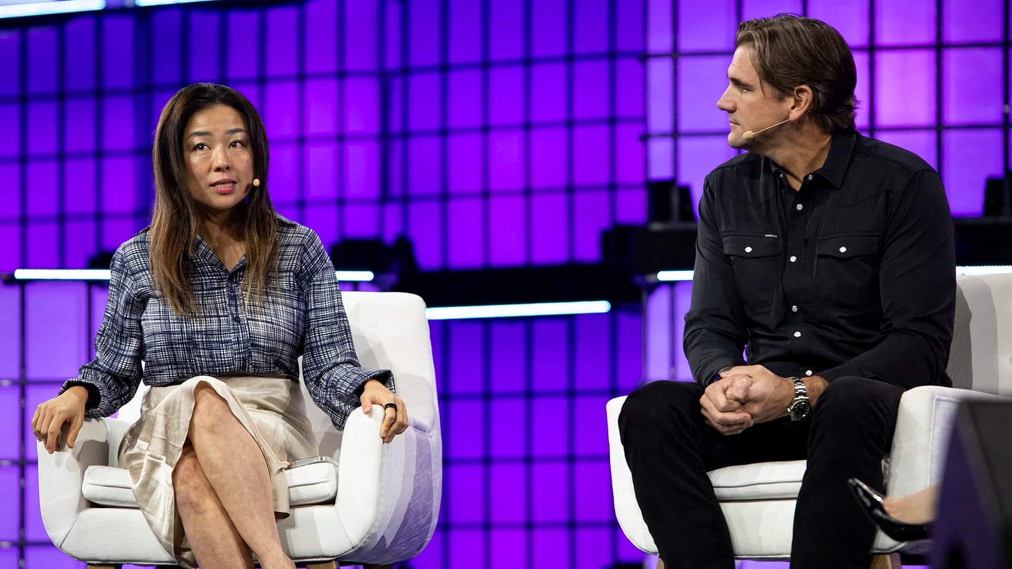 Larry Aschebrook, founder and Managing Partner at G Squared, and Edith Yeung, General Partner at Race Capital, are present during the first day of Web Summit in Lisbon, Portugal, on November 12, 2024. The largest technology conference in the world has 71,528 attendees from 153 countries and 3,050 companies, with AI emerging as the most represented industry. (Photo by Rita Franca/NurPhoto via Getty Images)