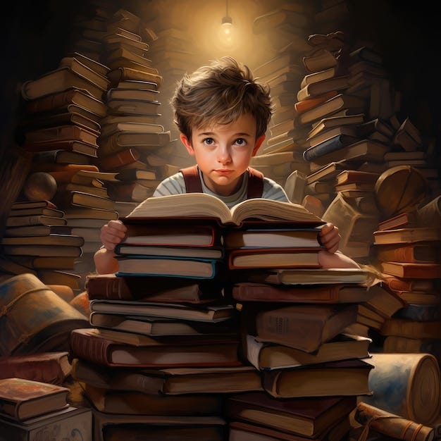 Premium Photo | A boy is reading a book a pile of books behind him AI  generated Image