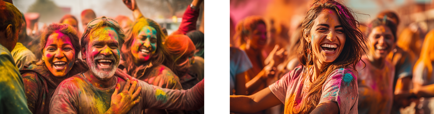 The images capture the joyous spirit and vibrant essence of Holi, the Festival of Colors. The first photo displays a grand historic monument in the background, with masses of people celebrating, throwing colorful powders into the air, creating a cloud of vivid colors against the clear sky. The second image zooms into the crowd's euphoria, with the air thick with shades of purple, pink, and yellow. The third showcases an evocative painting-like scene with mythological figures engaging in the festivities, while the fourth presents a close-up of a smiling woman, her face and clothes dappled with the bright hues of Holi, embodying the festival's lively and playful nature. The fifth image depicts a group of joyful participants, their expressions and camaraderie encapsulating the shared happiness of the occasion.