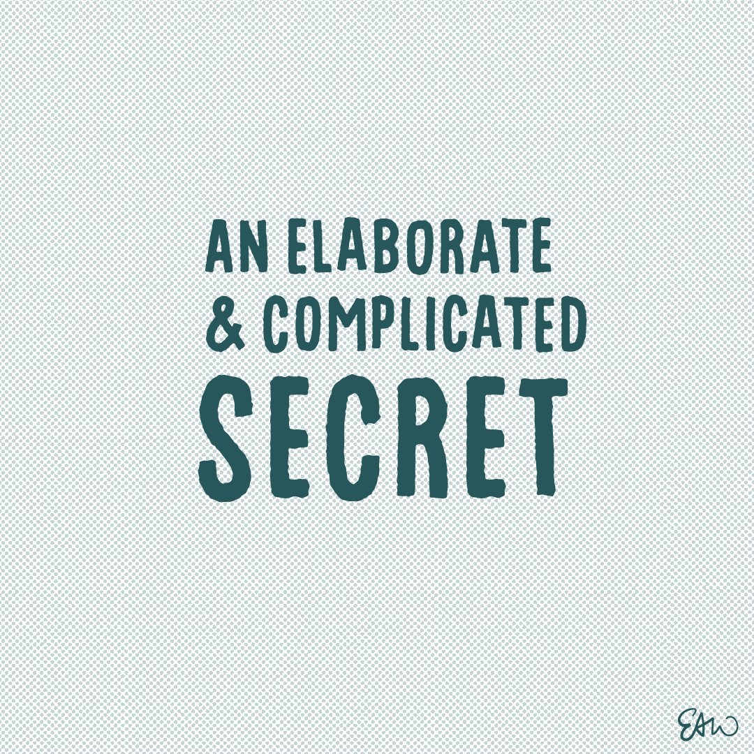 Panel one of ten of a cartoon drawn in a retro style with simplified two-tone colour palette of red and dark teal, with half tones for shading. This is the title card, which reads, “An Elaborate Secret.”