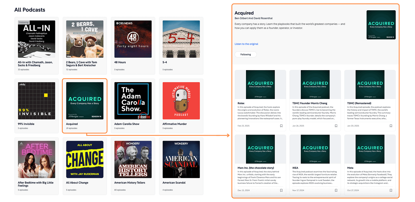 Shortform’s Podcasts (desktop view + light mode)