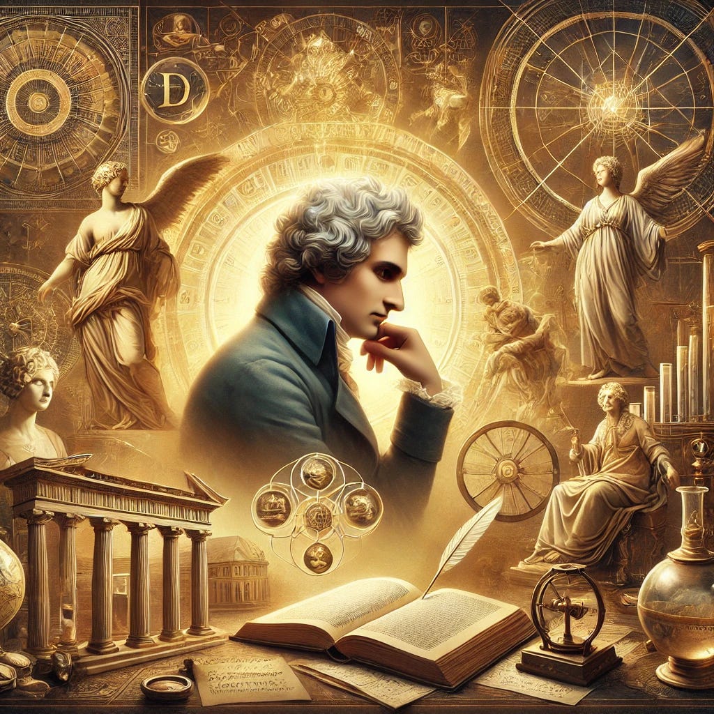 An artistic representation of the Enlightenment era, showcasing thinkers like Voltaire, Rousseau, and Kant. The scene includes elements symbolizing reason and knowledge, such as books, quills, and scientific instruments. A figure is shown deep in thought, illuminated by a soft, golden light, surrounded by symbols of the Enlightenment like a globe, mathematical diagrams, and classical architecture. The overall atmosphere reflects the pursuit of knowledge, autonomy, and rational thought.