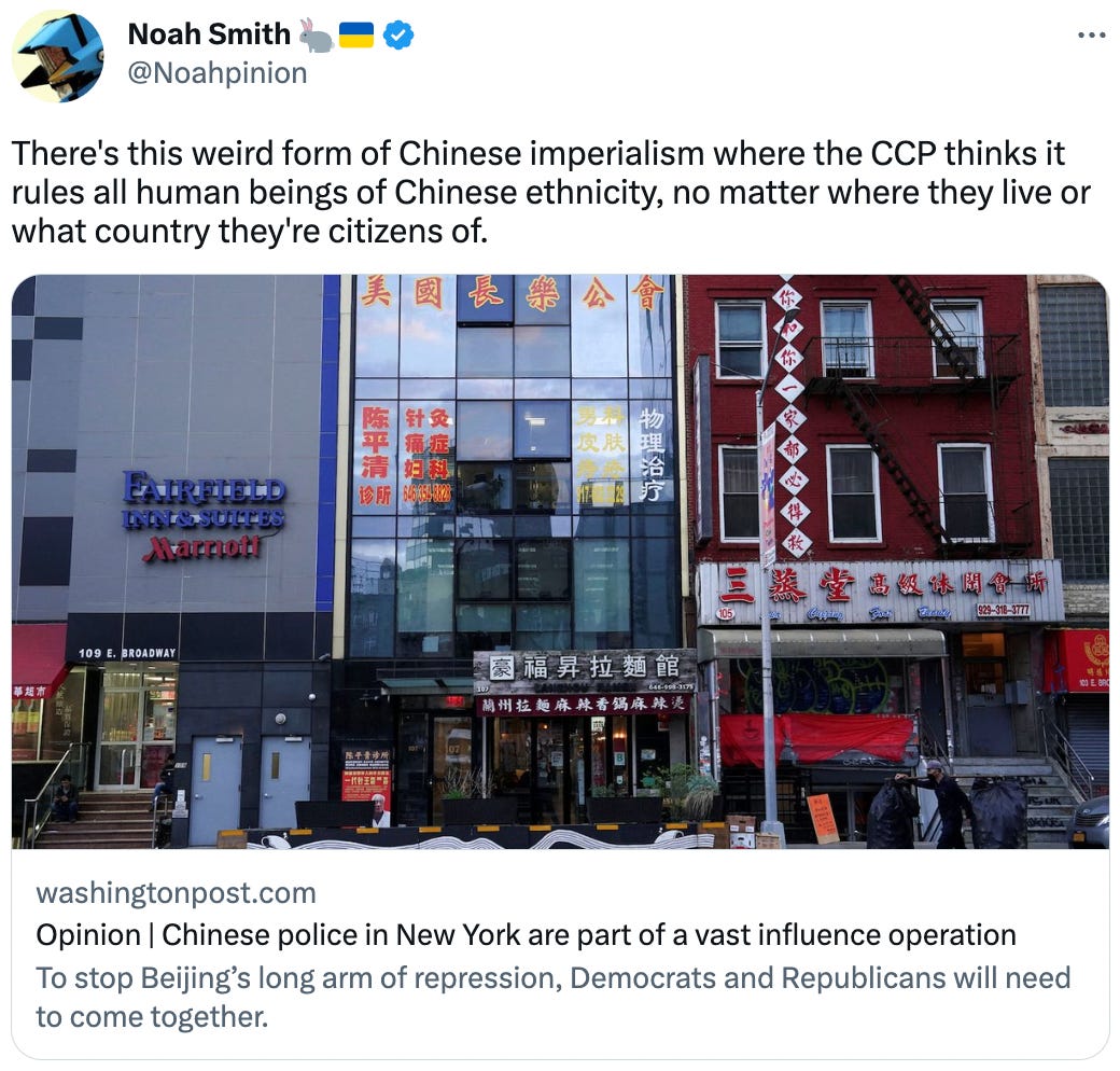 "There's this weird form of Chinese imperialism where the CCP thinks it rules all human beings of Chinese ethnicity, no matter where they live or what country they're citizens of.   https://t.co/Drroue6C4R"