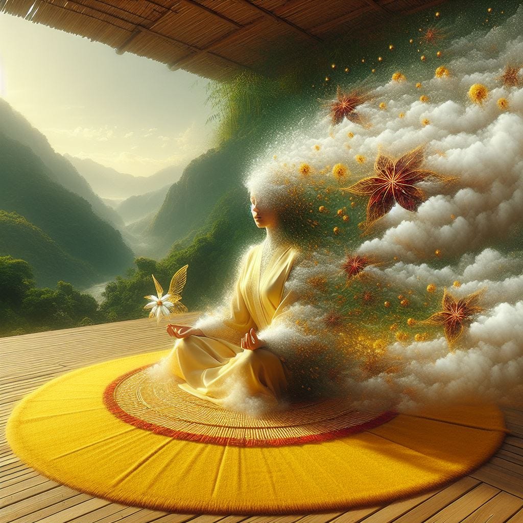 entire image has a thin yellow grid running over it. image is evaporating into fluffy cloud. soft velvet. woman sitting on rug looking at camera. Holding soft white and red and brown star filled mystic bird made of glass. green/ yellow and gold velvet rug. back porch of a house looking out at the "elysian river". Hyper realistic/ titlshift / Wide-angle shot capture image dispursing into wind.  Bamboo stalks with woven reeds and pockets of wildflowers between each segment