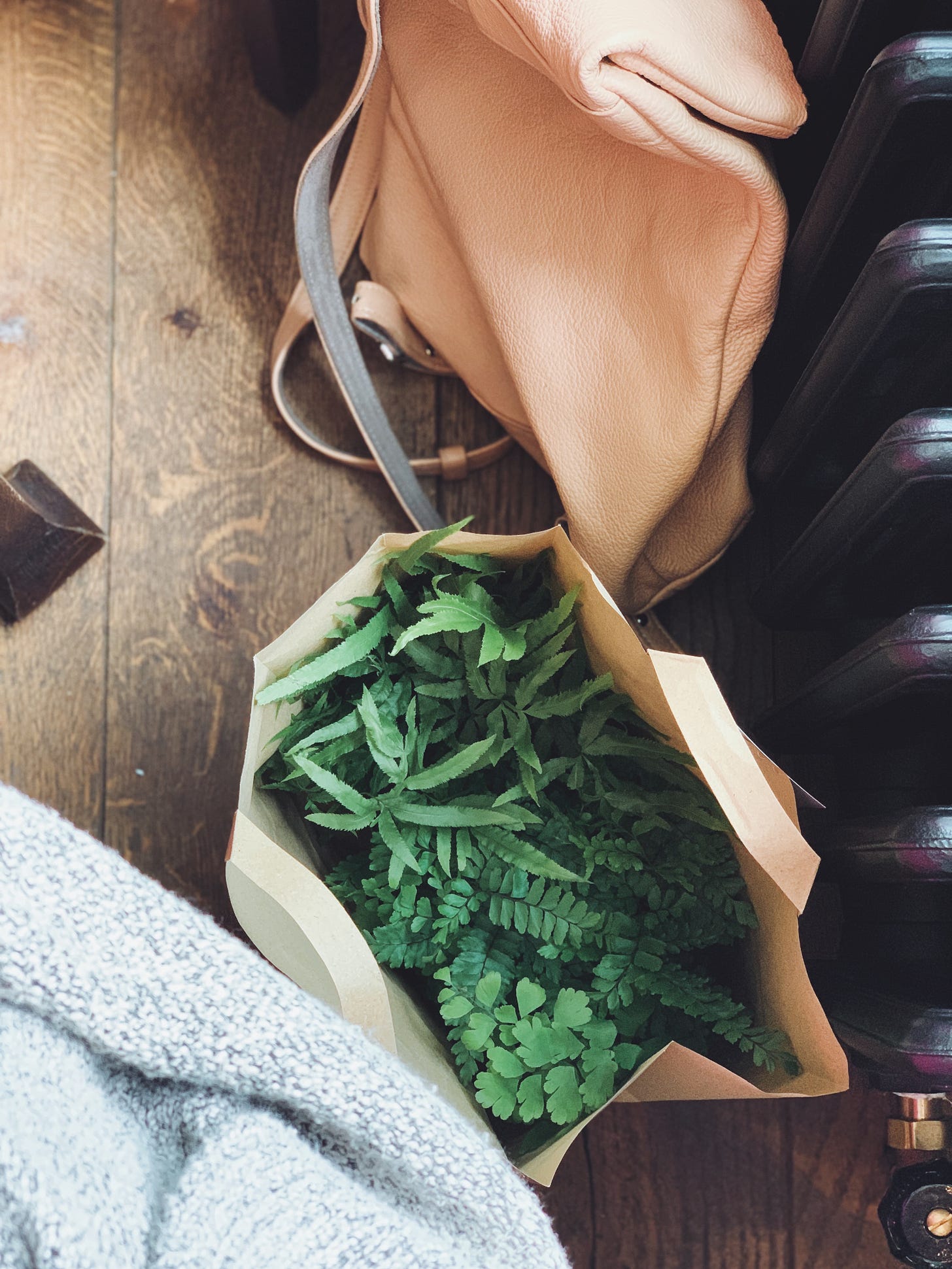 looking down onto a wooden floor with an apricot leather rucksack and a brown paper bag full of lush green ferns