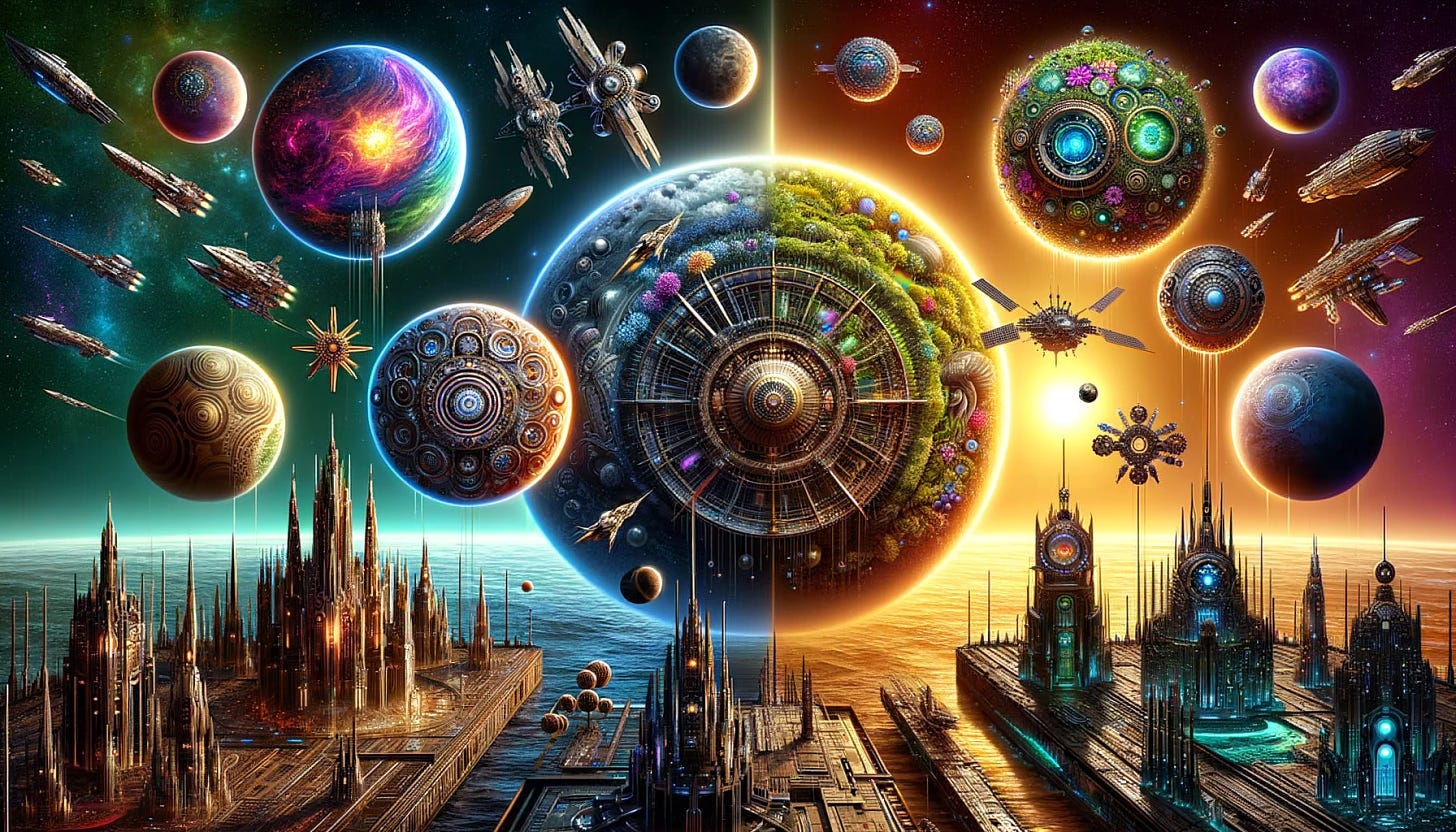A widescreen depiction of a solar system with each planet surrounded by a variety of spacecraft and orbital structures in different architectural styles. Closest to the sun, sleek futuristic designs dominate. One planet features gothic style spacecraft with ornate spires. Another planet is in neon cyberpunk style with gleaming towers. An Art Nouveau planet showcases beautiful greenery and organic designs. A brutalist style planet emphasizes sharp geometry and edges. A steampunk planet displays intricate bronze pipes and cogs. The scene is set against a vivid, colorful cosmic background with dramatic lighting, aiming for an 8k, ultra-detailed visual as seen on artstation.