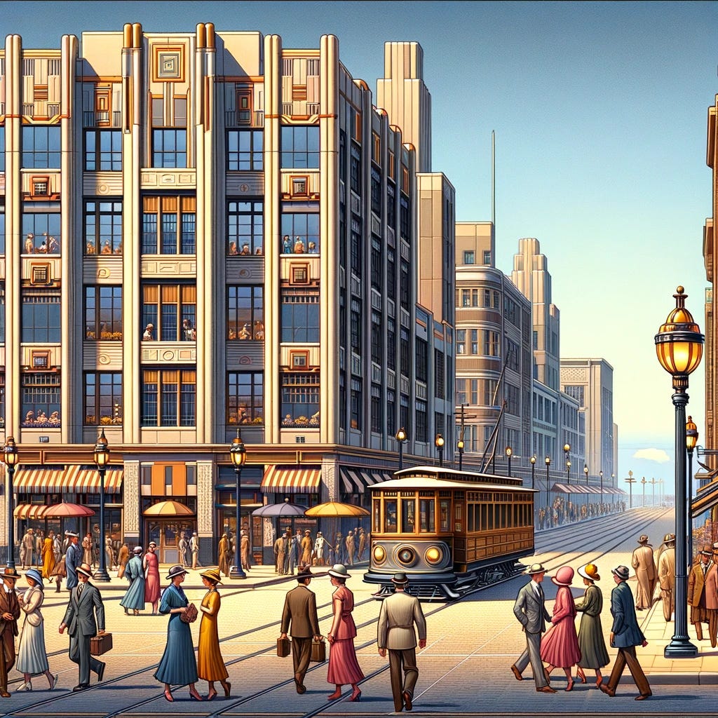 Create a stylized image of an American trolley suburb, circa 1928, with an emphasis on Art Deco style, featuring smaller buildings and more pedestrians. The scene includes compact, streamlined buildings adorned with geometric details typical of Art Deco. The street is bustling with pedestrians in period-appropriate attire, reflecting the daily life of the era. A vintage trolley moves through the scene, surrounded by a vibrant atmosphere with people walking, talking, and enjoying the urban environment. The setting is detailed with decorative lampposts, trees, and clear skies, capturing the essence of a lively suburban street in the late 1920s.