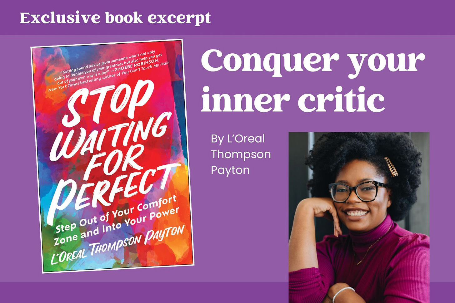 Screenshot of the cover of Stop Waiting for Perfect, along with a headshot of the author, L'Oreal Thompson Payton