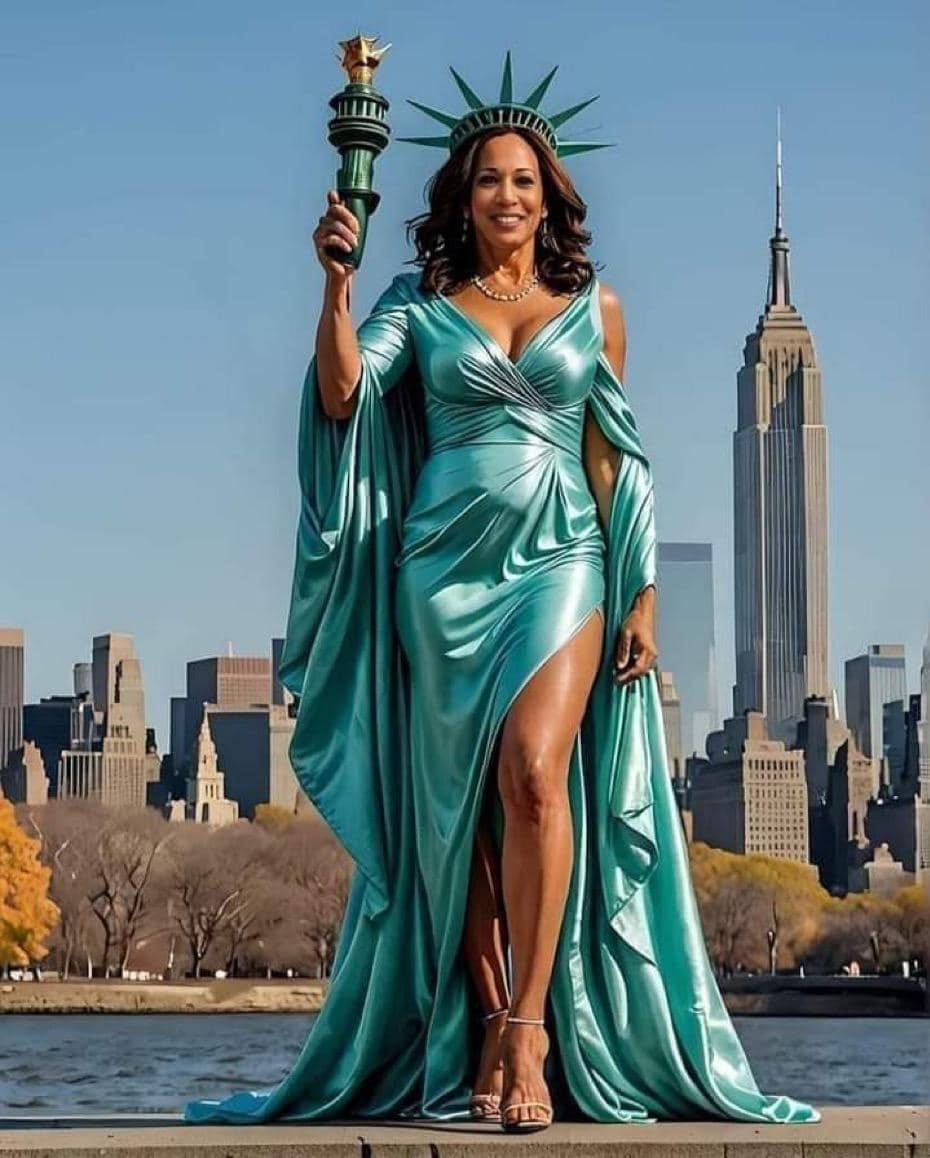 May be an image of 1 person and the Statue of Liberty