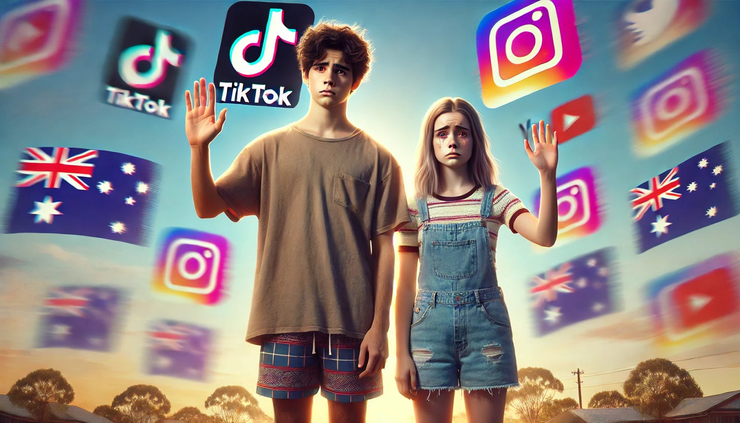 Prompt: Dibuja a dos adolescentes australianos, una mujer y un hombre, que se despiden tristemente de logos TikTok, Instagram y YouTube tras aprobación de ley en este país