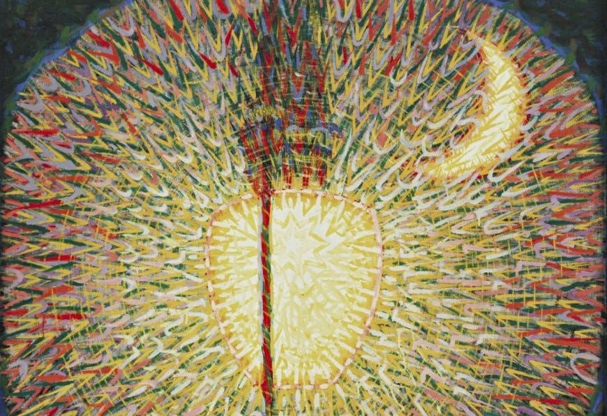 A futurist painting of a street light with explosive yellow and red patterns and a sickle moon top right