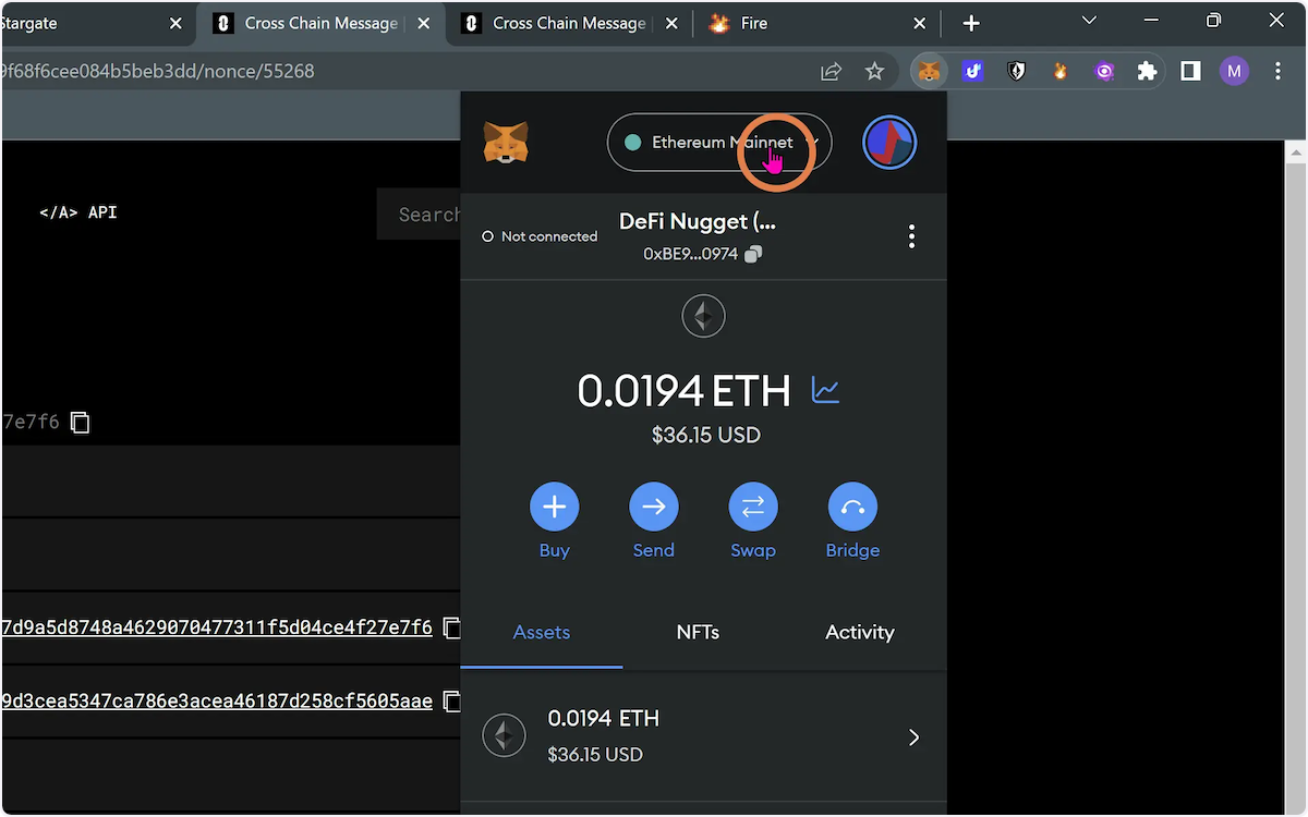 We now see in our MetaMask that our ETH balance has gone down by about 0.2 ETH (a little more because of high gas fees 😪). Let's click on "Ethereum Mainnet" to switch to other networks.