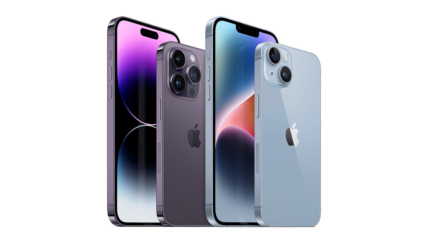 iPhone 14 models grouped together on a white background