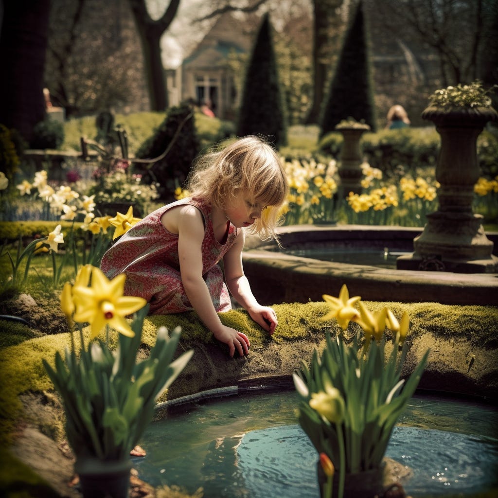 a child playing make believe in a garden on a spring day mythopoetic solarpunk