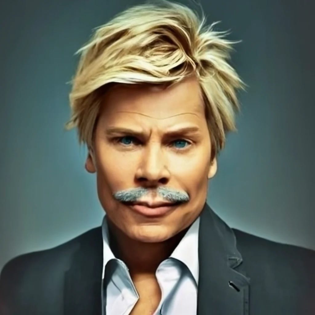 kato kaelin with a mustache and long blonde hair