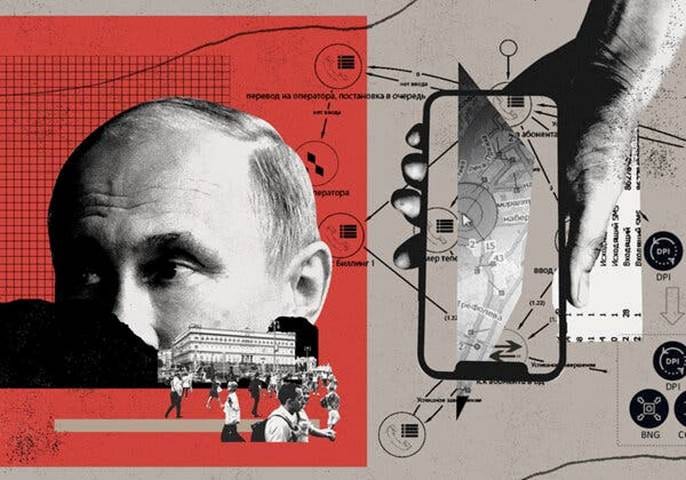 An illustration shows, on the left, an image of Vladimir Putin’s face on a red background and, on the right, a hand holding a mobile phone.