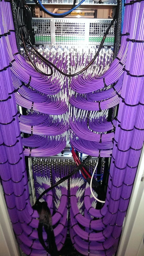 An image of thousands of perfectly-bundled network cables